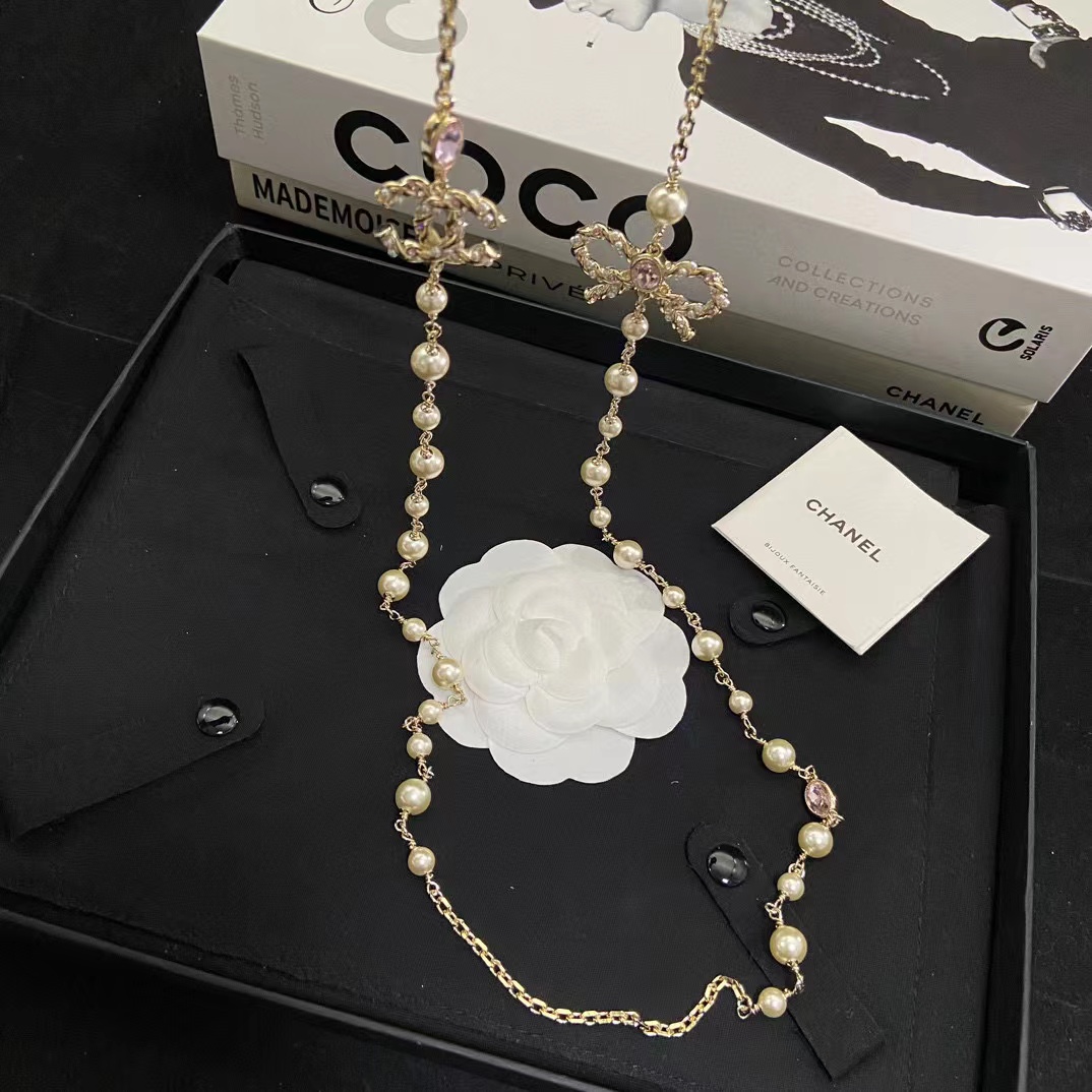 CHANE1 ピンク ダイヤモンド ボウ パール ネックレス【50％割引+送料無料】