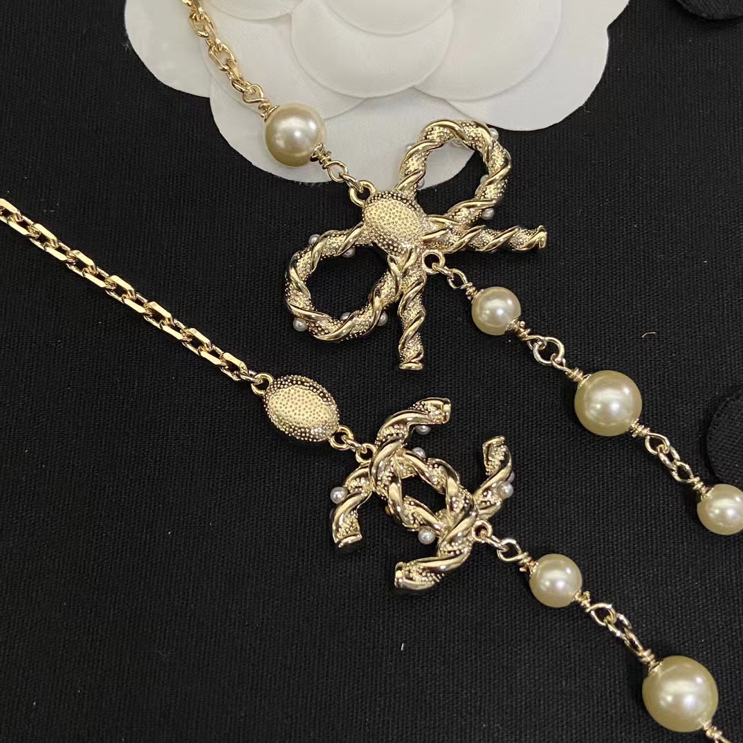 CHANE1 ピンク ダイヤモンド ボウ パール ネックレス【50％割引+送料無料】