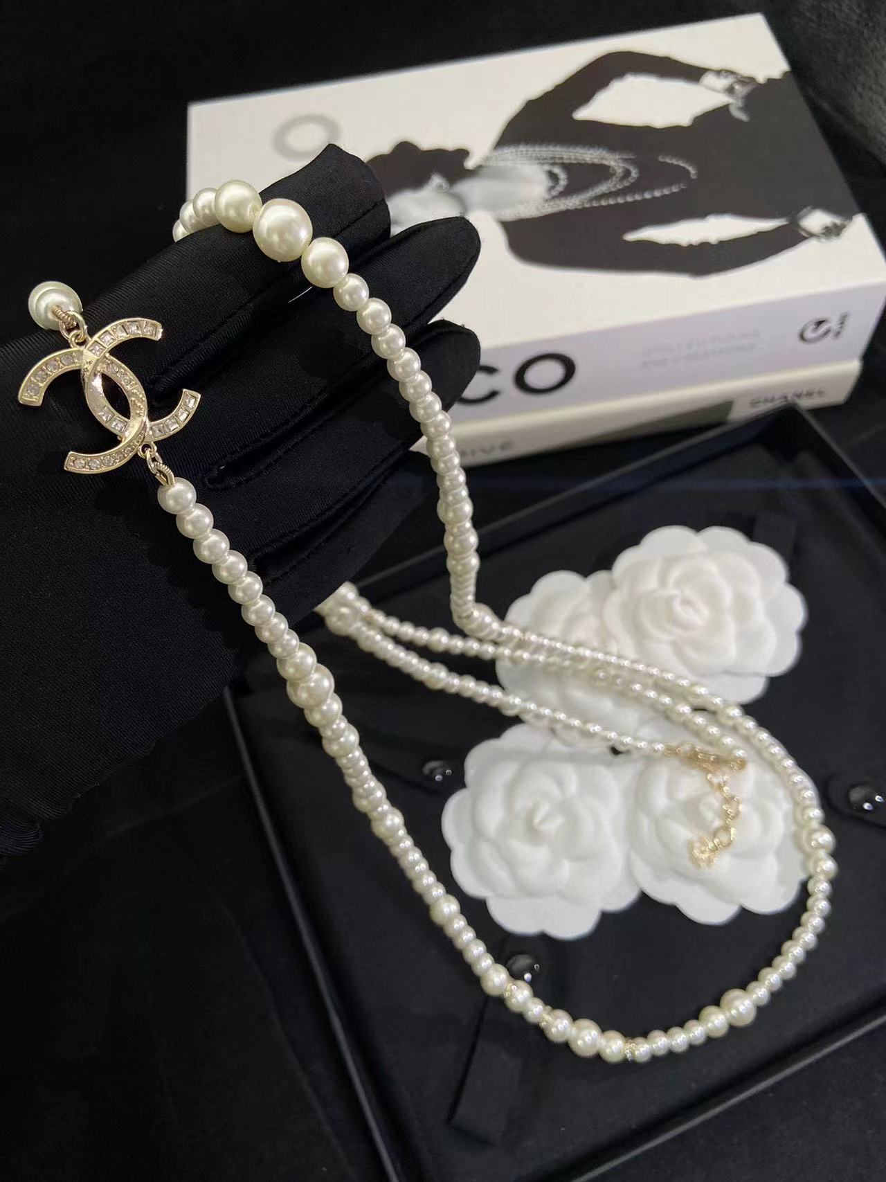 CHANE1 ダブル C パール セーター ネックレス【50％割引+送料無料】