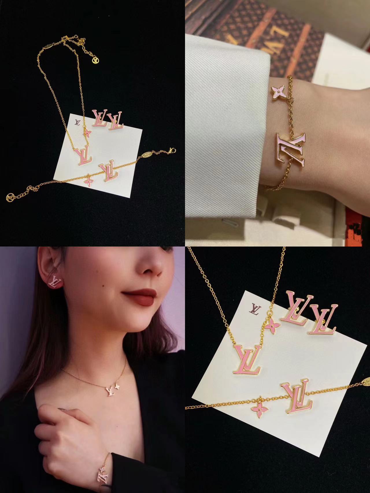LV ピンクエナメルレターイヤリング+ブレスレット+ネックレスの3点セット【50％割引+送料無料】
