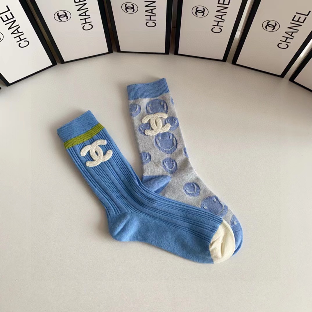 CHANE1 ブルー ダブル C ロゴ ソックス【50％割引+送料無料】