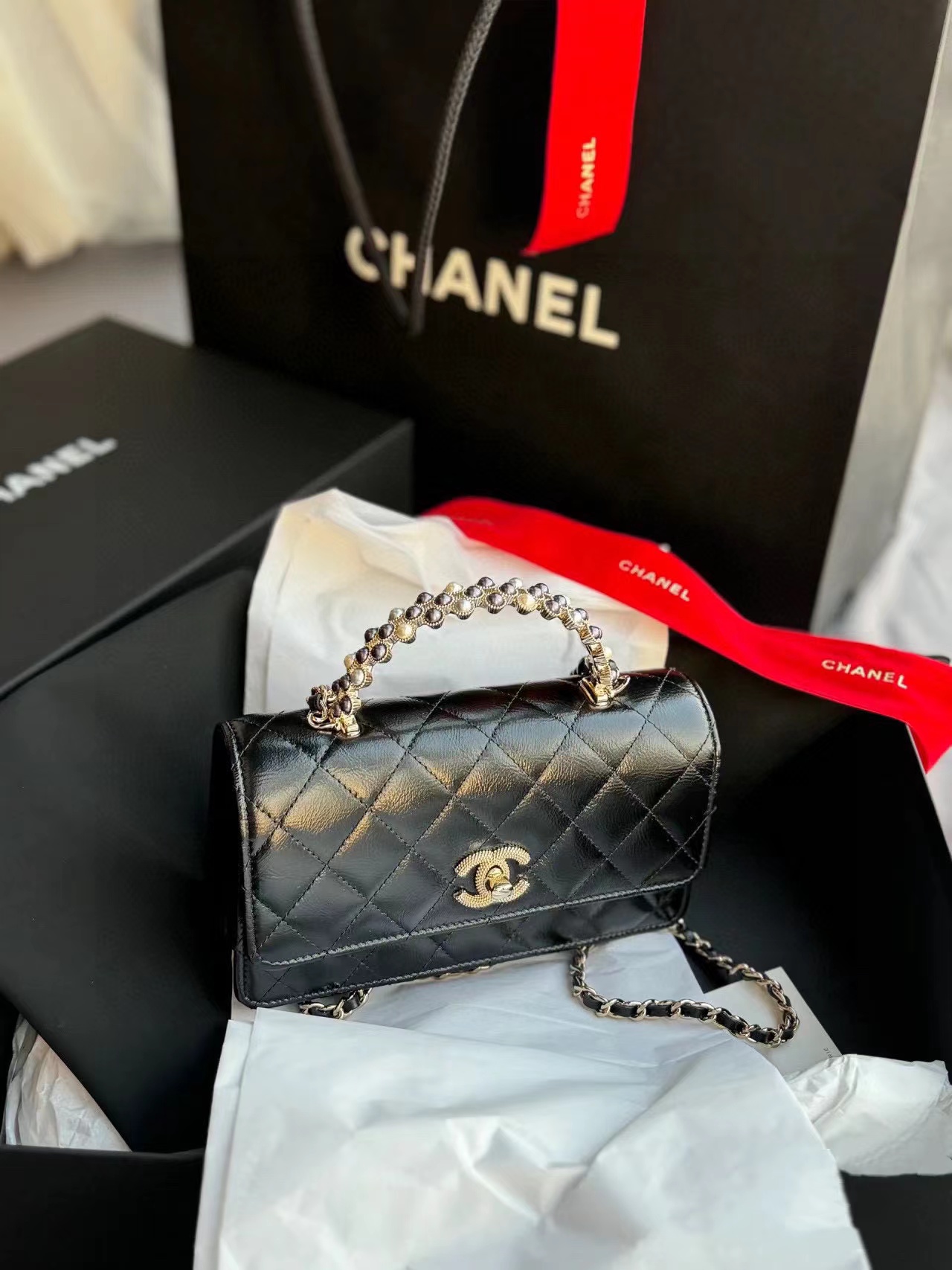 CHANE1 パールハンドルハンドチェーンバッグ【50％割引+送料無料】