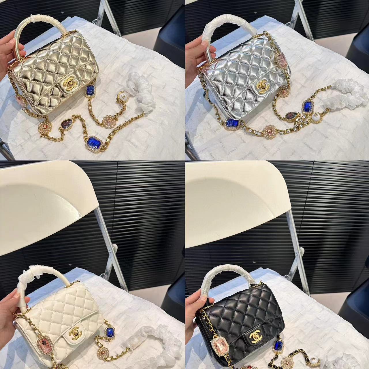 CHANE1 パールカラーダイヤモンドチェーンハンドバッグ【50％割引+送料無料】