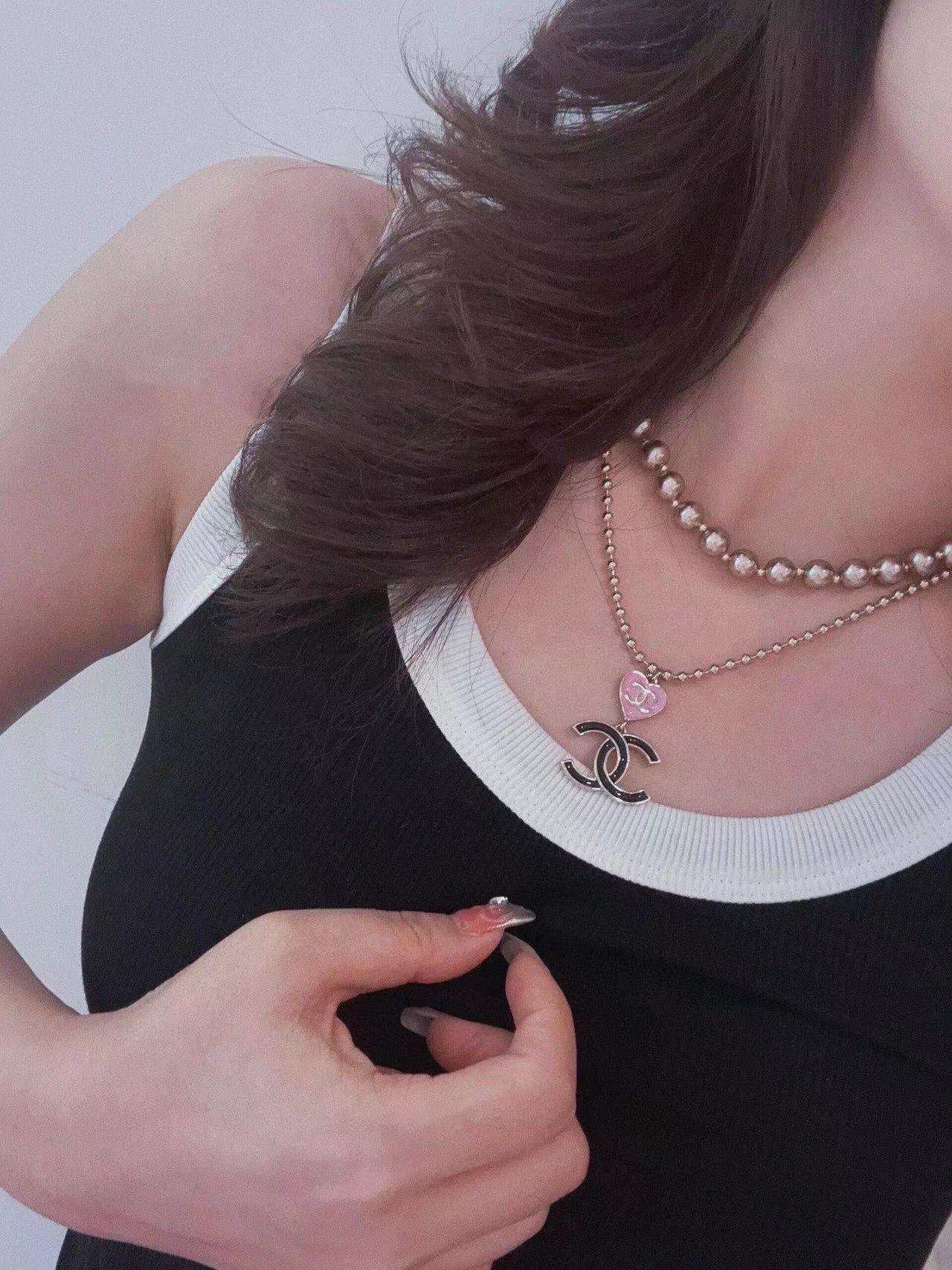 CHANE1 ピンク ハート ダブル C ネックレス【50%割引+送料無料】