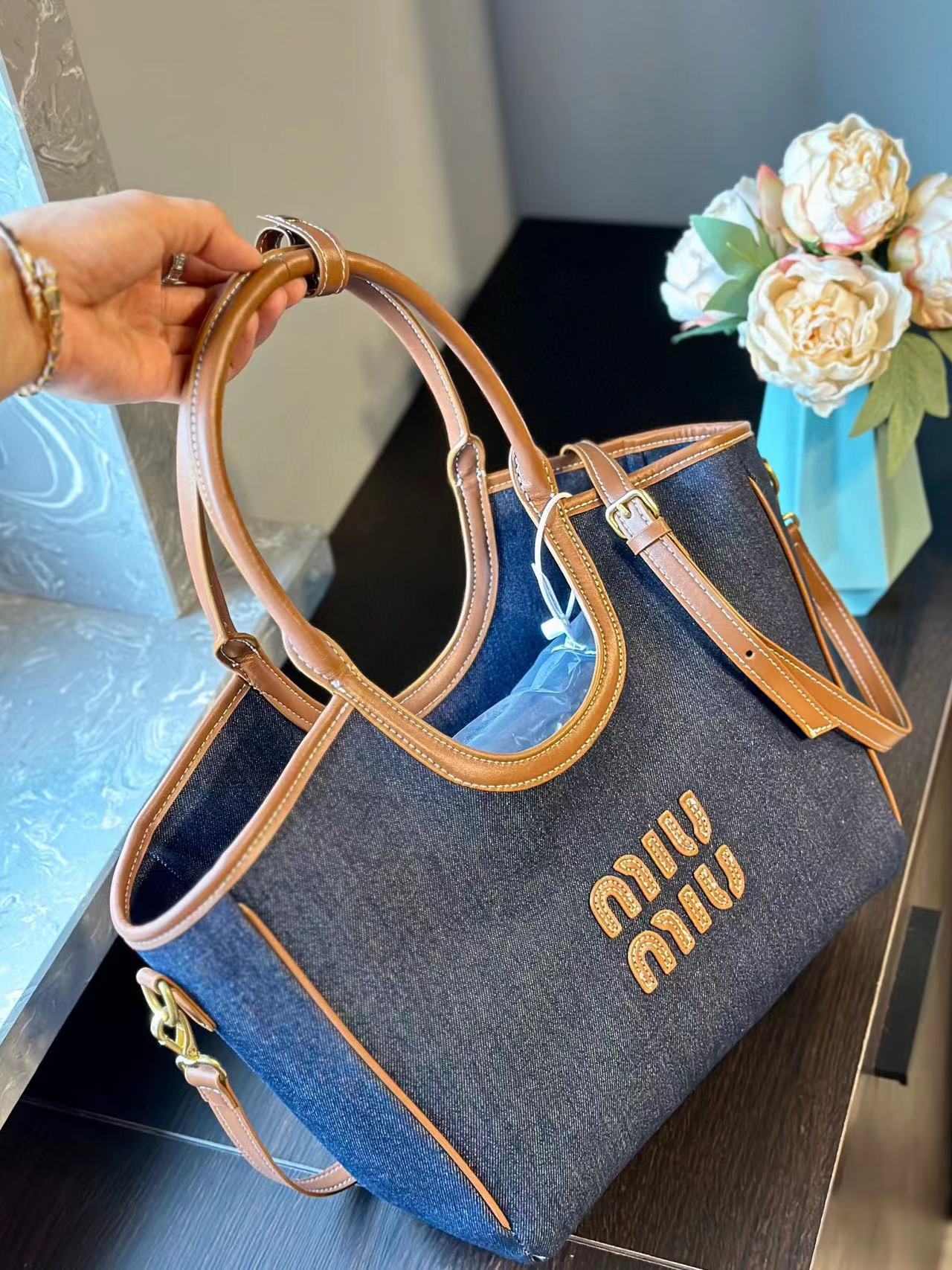 M1UM1U カラーブロックデニムトートバッグ【50％割引+送料無料】