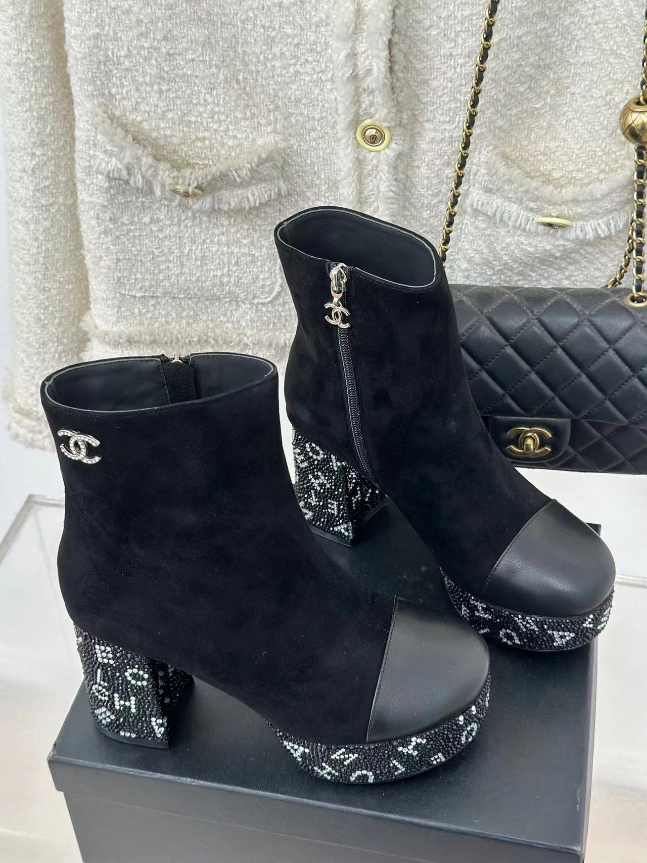 CHANE1 高品質防水プラットフォームシープスキンラインストーン太ヒールショートブーツ【50%割引+送料無料】