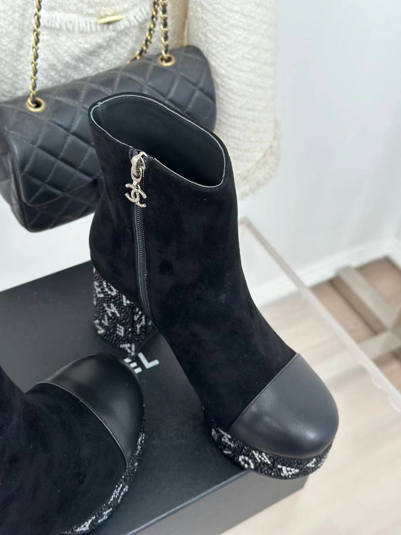 CHANE1 高品質防水プラットフォームシープスキンラインストーン太ヒールショートブーツ【50%割引+送料無料】