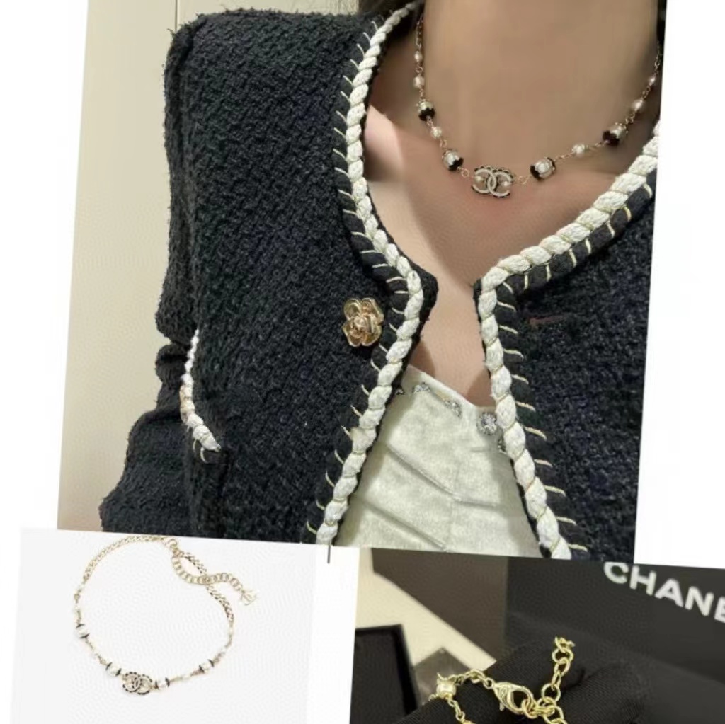 CHANE1 黒白ダブルCレター オイルドロップエナメルパールネックレス【50％割引+送料無料】