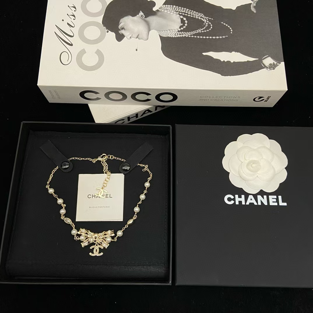 CHANE1 ボウ ダブル C ホロー パール ネックレス【50％割引+送料無料】