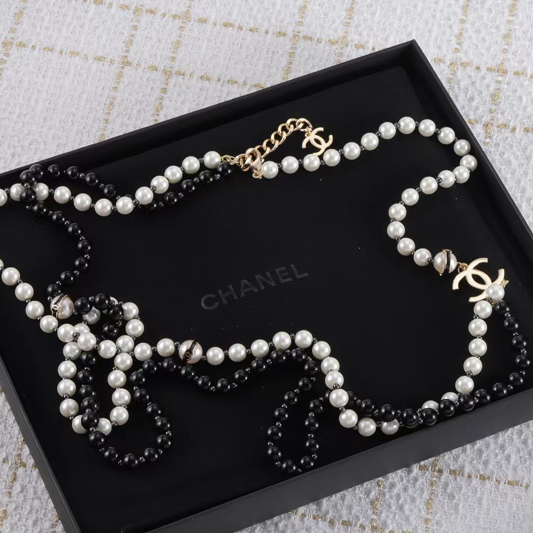 CHANE1 黒白パール二層セーターチェーン【50％割引+送料無料】