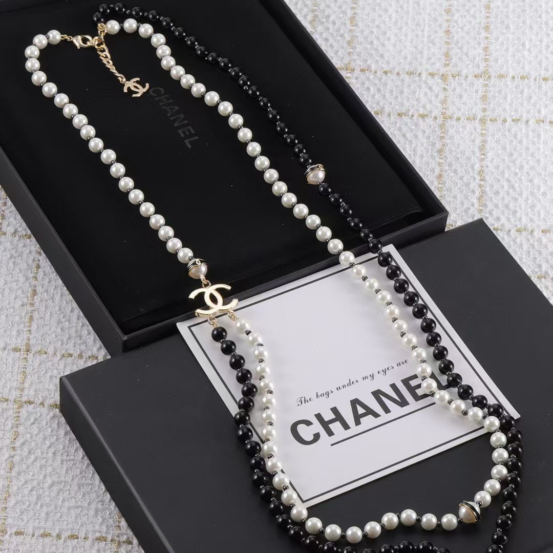 CHANE1 黒白パール二層セーターチェーン【50％割引+送料無料】