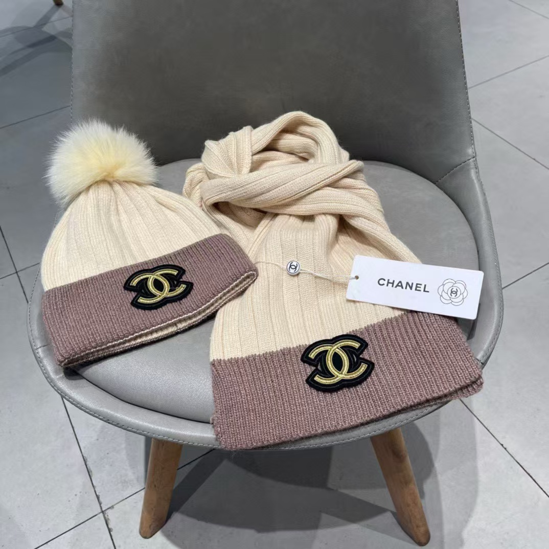 CHANE1 ファーボールウールハット+スカーフ2点セット【50％割引+送料無料】