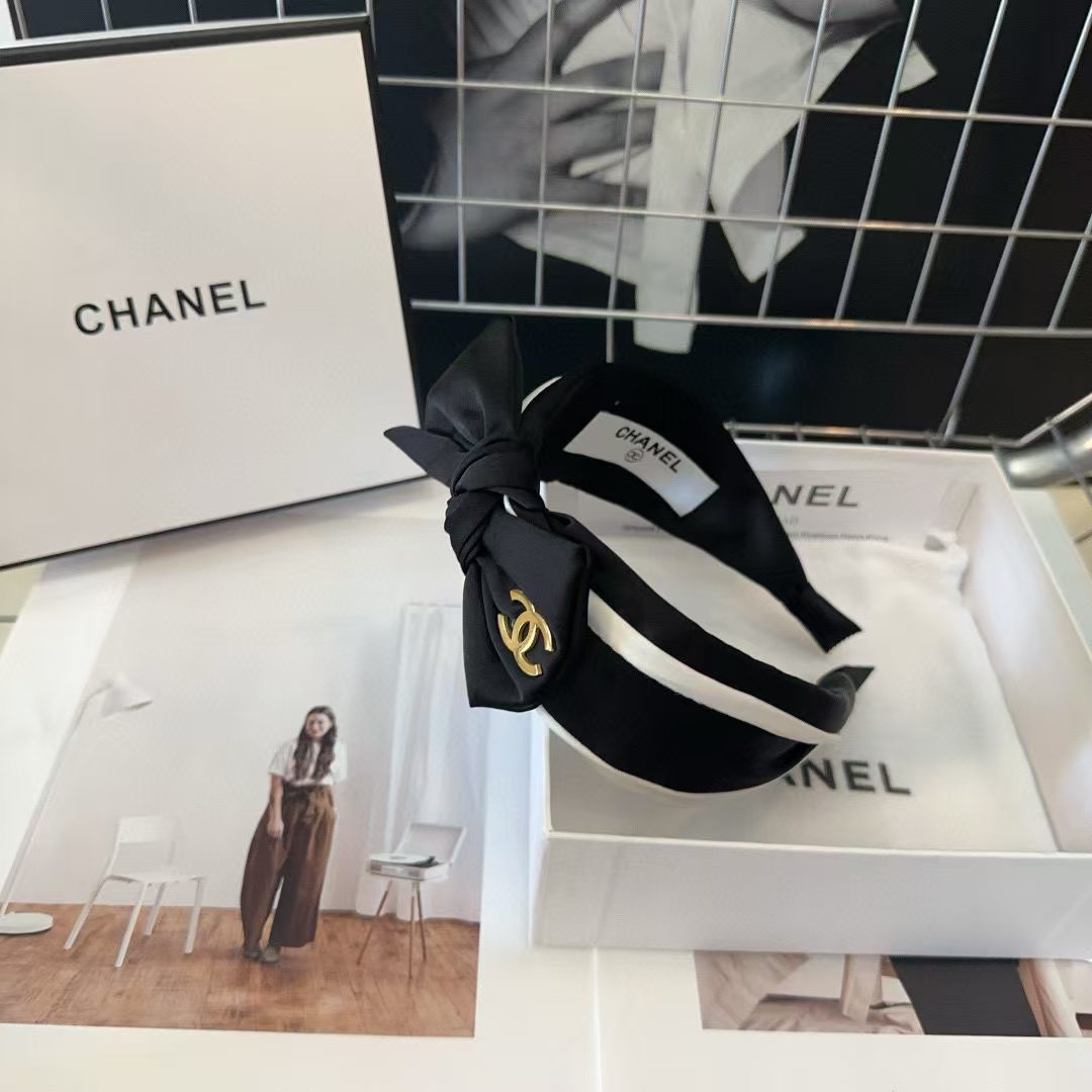 CHANE1 黒と白のダブル C ロゴ リボン ヘッドバンド【50％割引+送料無料】