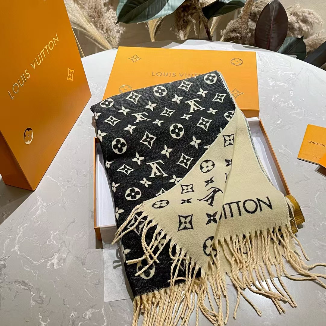 LV カラーブロック カシミア フリンジ スカーフ【50％割引+送料無料】