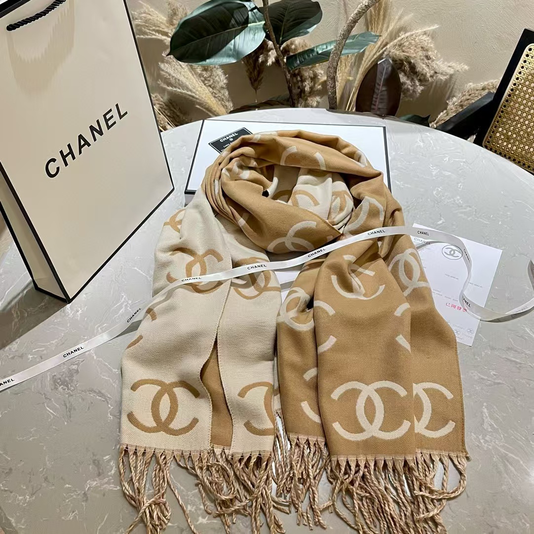 CHANE1 ダブルcLOGO タッセルカシミヤスカーフ【50％割引+送料無料】