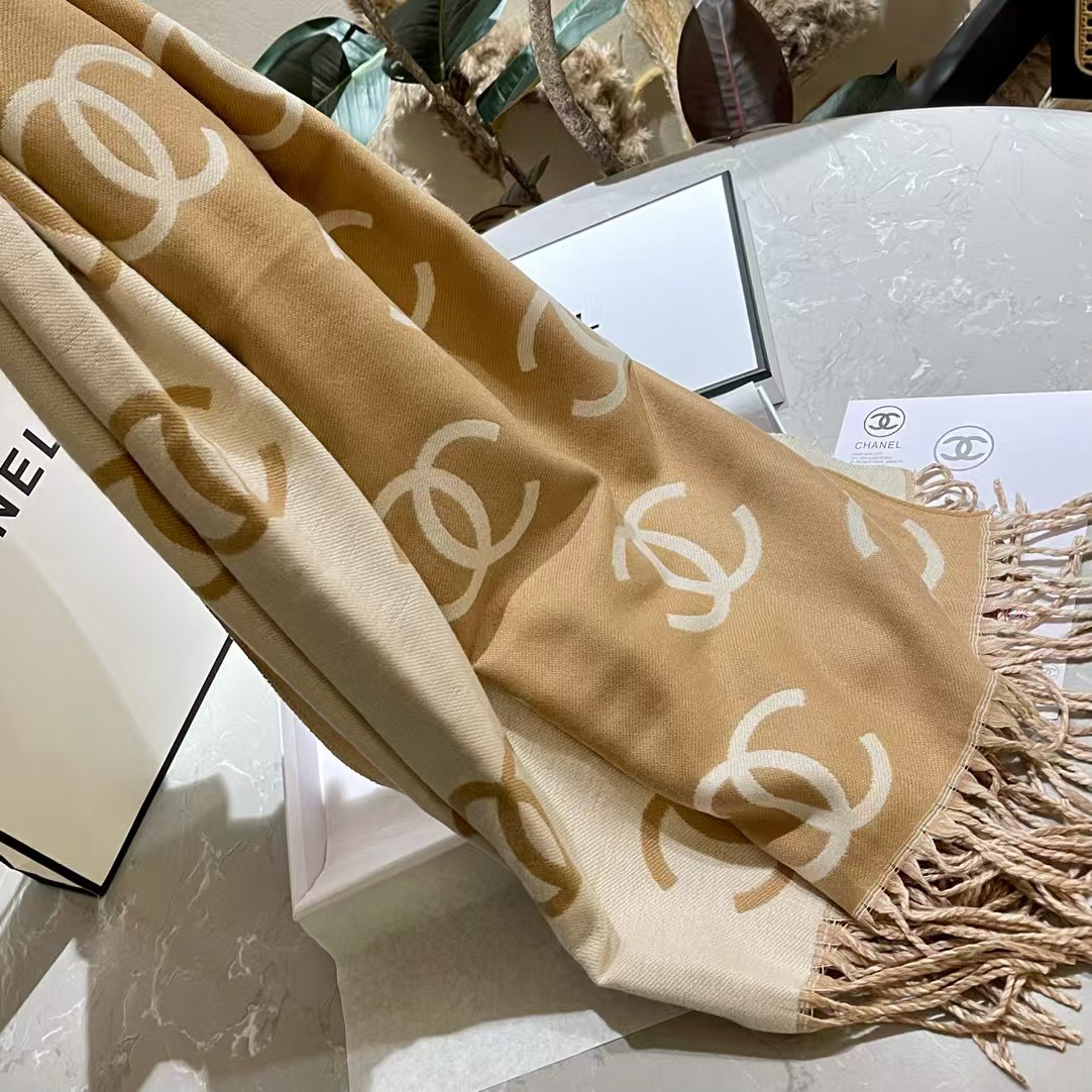 CHANE1 ダブルcLOGO タッセルカシミヤスカーフ【50％割引+送料無料】