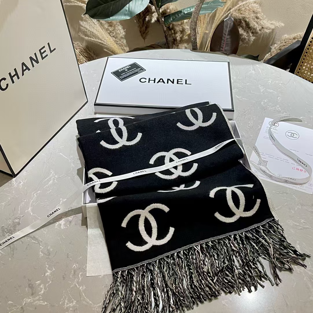 CHANE1 ダブルcLOGO タッセルカシミヤスカーフ【50％割引+送料無料】