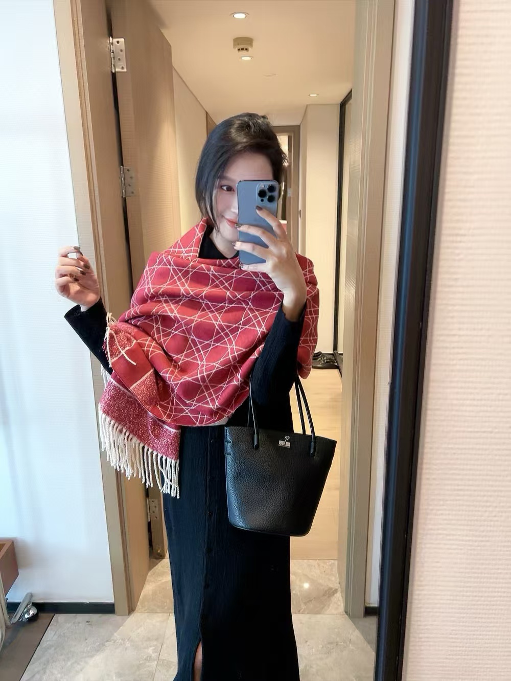 DI0R チェック柄ウール フリンジ付きスカーフ【50％割引+送料無料】