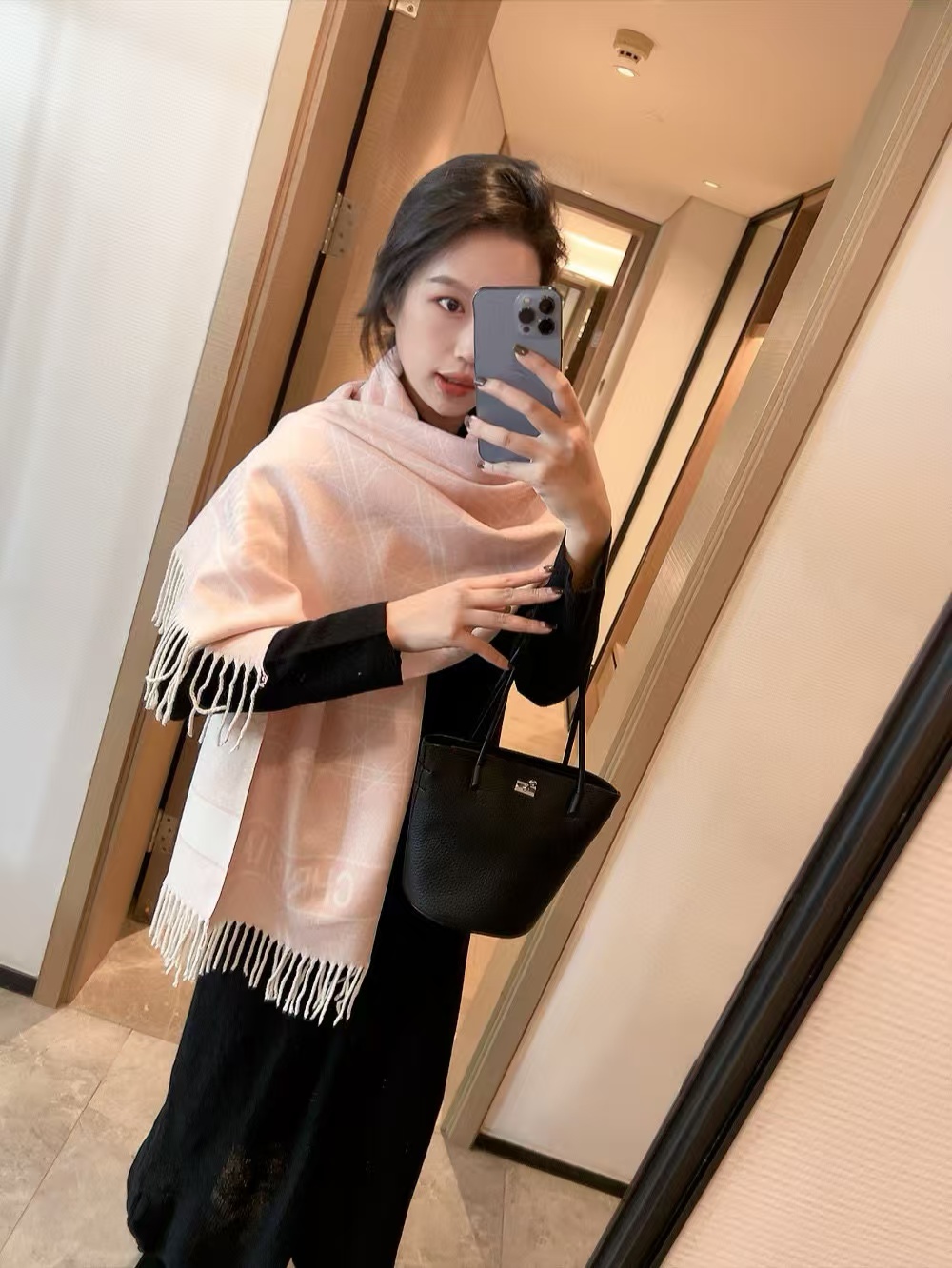 DI0R チェック柄ウール フリンジ付きスカーフ【50％割引+送料無料】