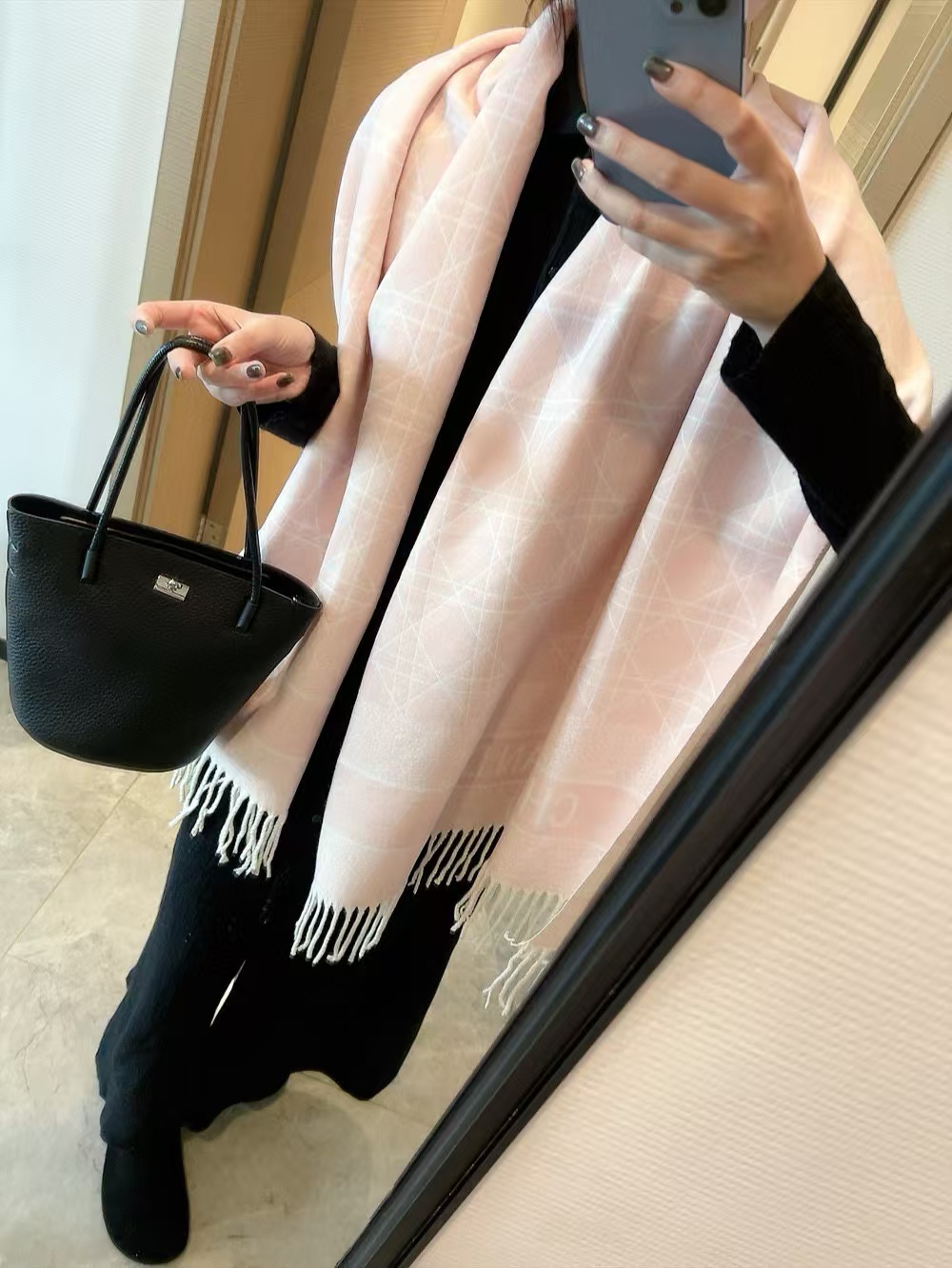 DI0R チェック柄ウール フリンジ付きスカーフ【50％割引+送料無料】