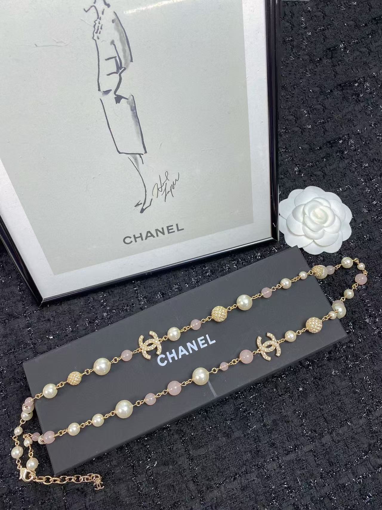 CHANE1 ダイヤモンド付きピンク パール セーター チェーン【 50％割引+送料無料】