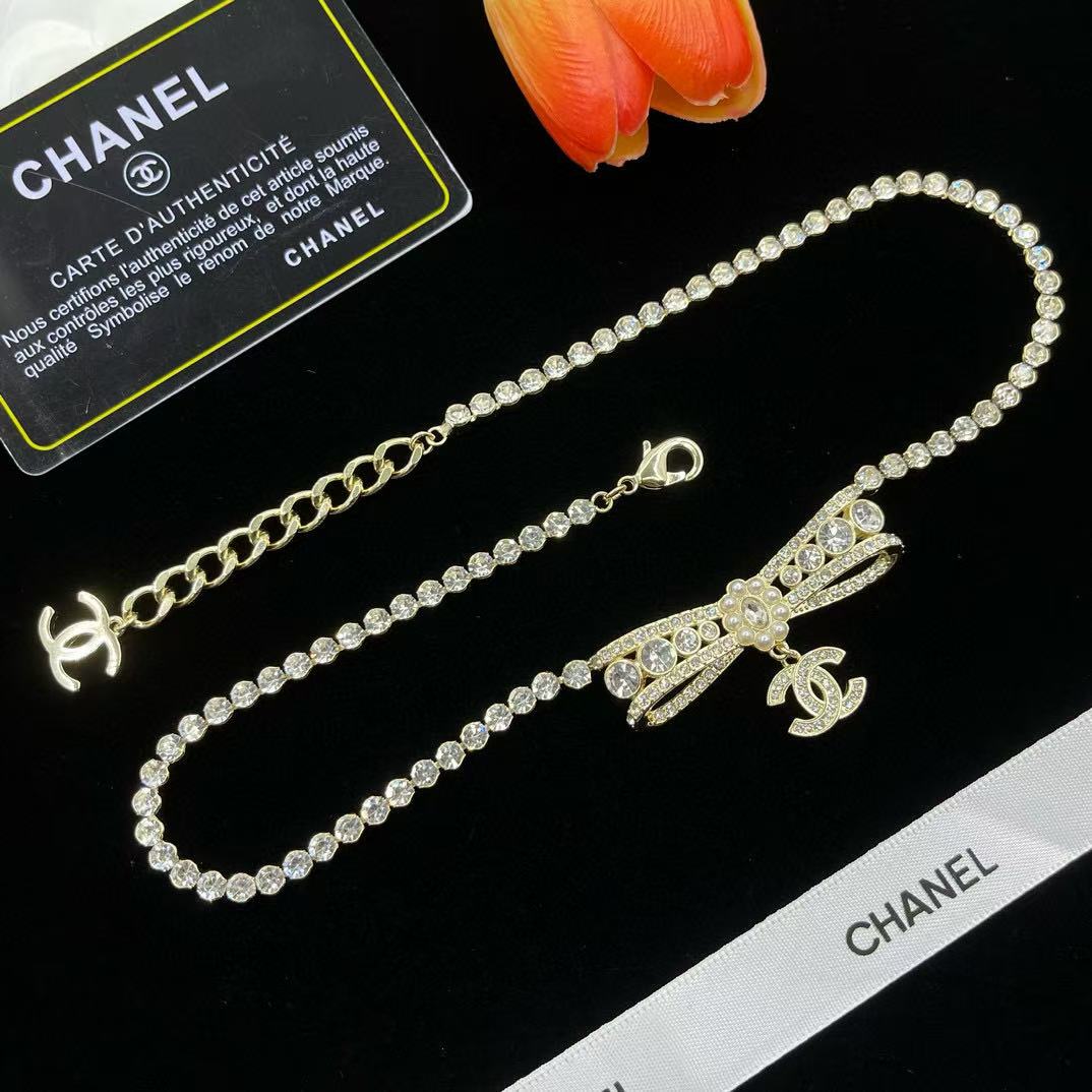 CHANE1 ダブルC ダイヤモンド ボウ ネックレス【50％割引+送料無料】