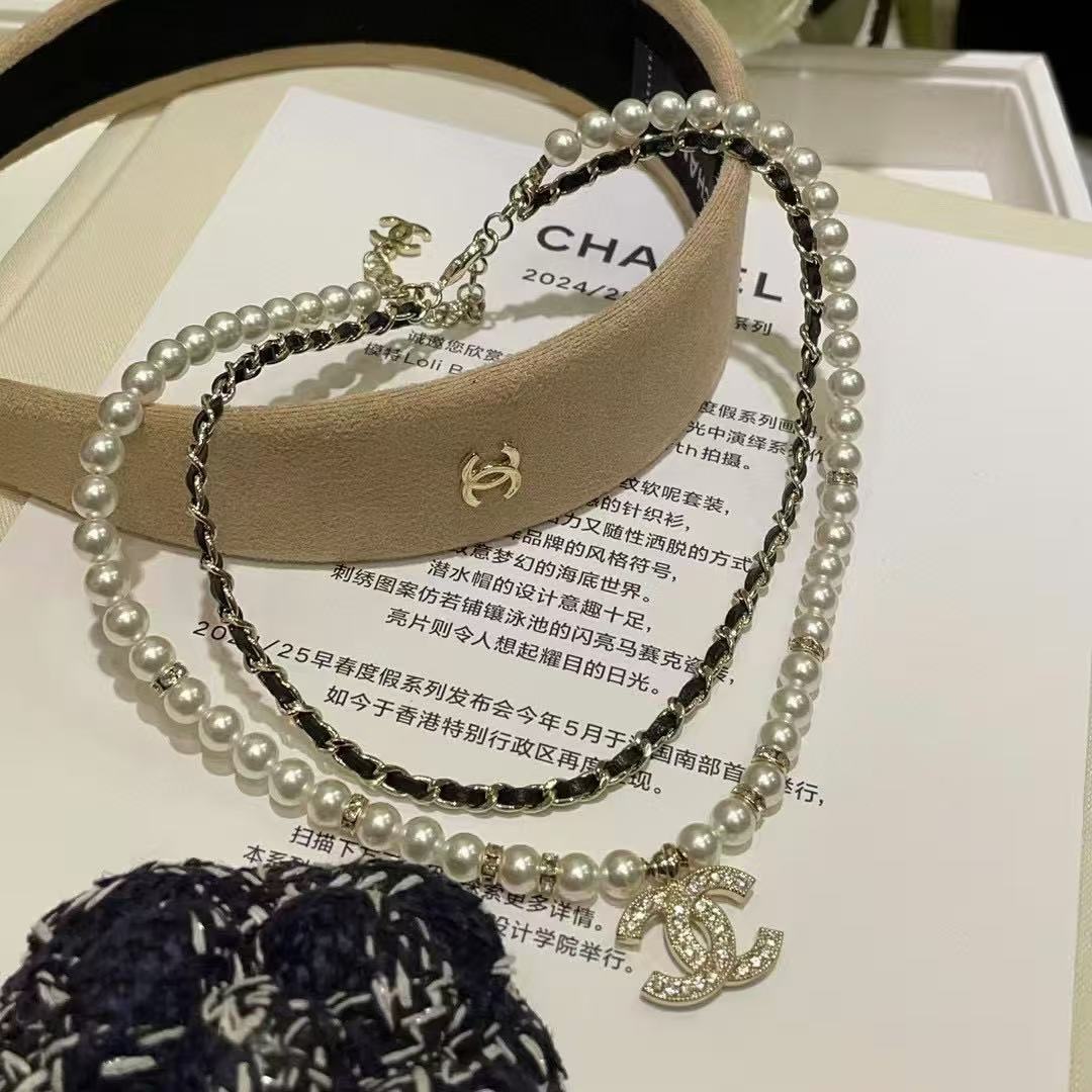CHANE1 ダブルレイヤーレザーパールダブルCラインストーンネックレス【50％割引+送料無料】