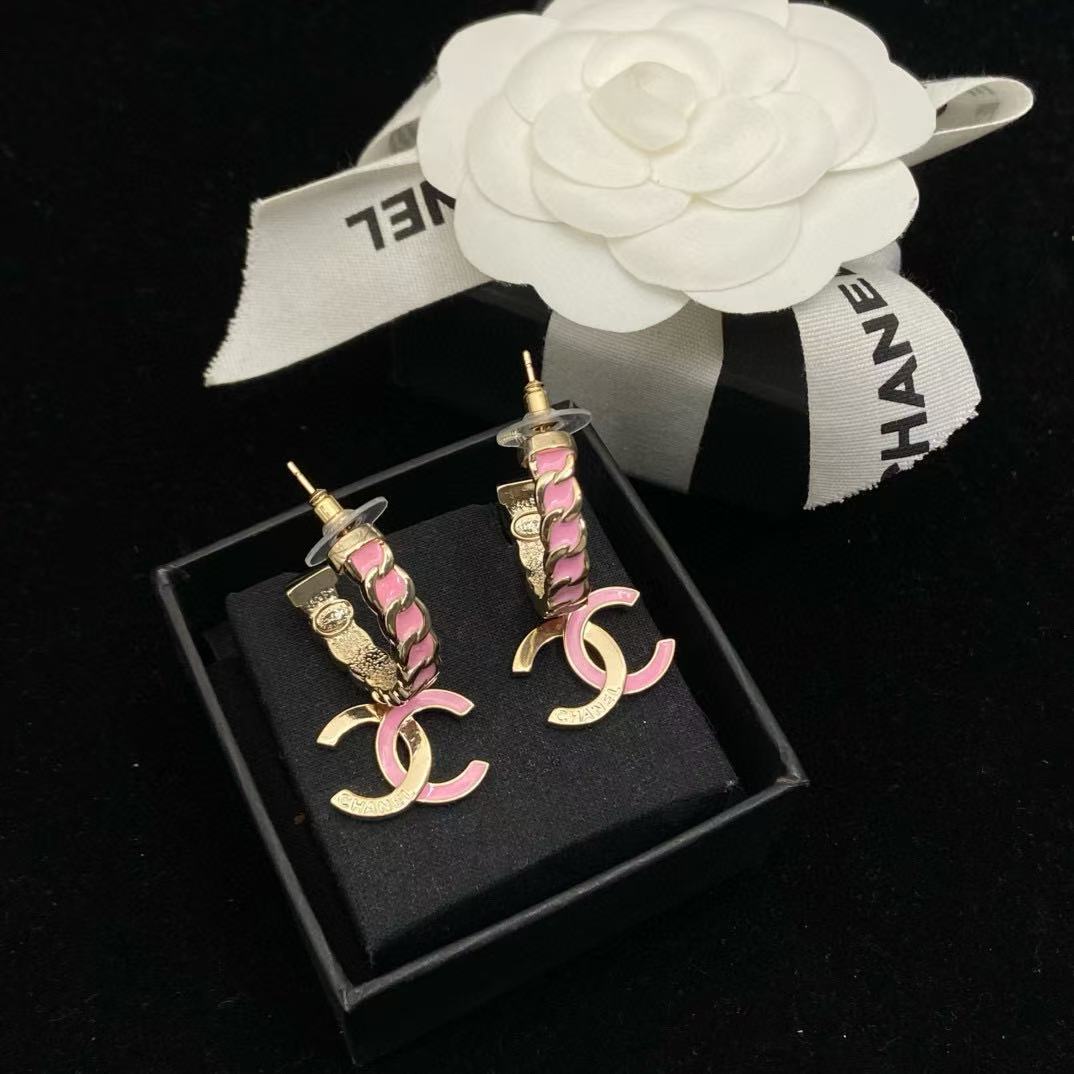 CHANE1 ピンク エナメル ダブル C スタッド ピアス【50%割引+送料無料】
