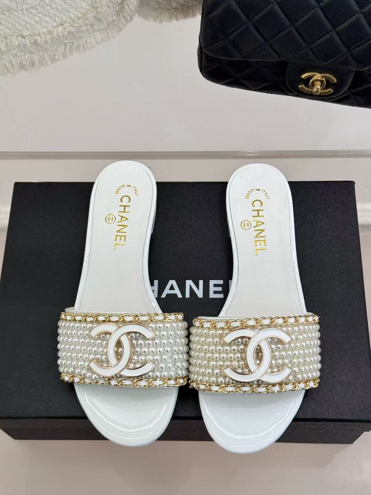 CHANE1 ダブルCチェーンパールフラットスリッパ【50％割引+送料無料】