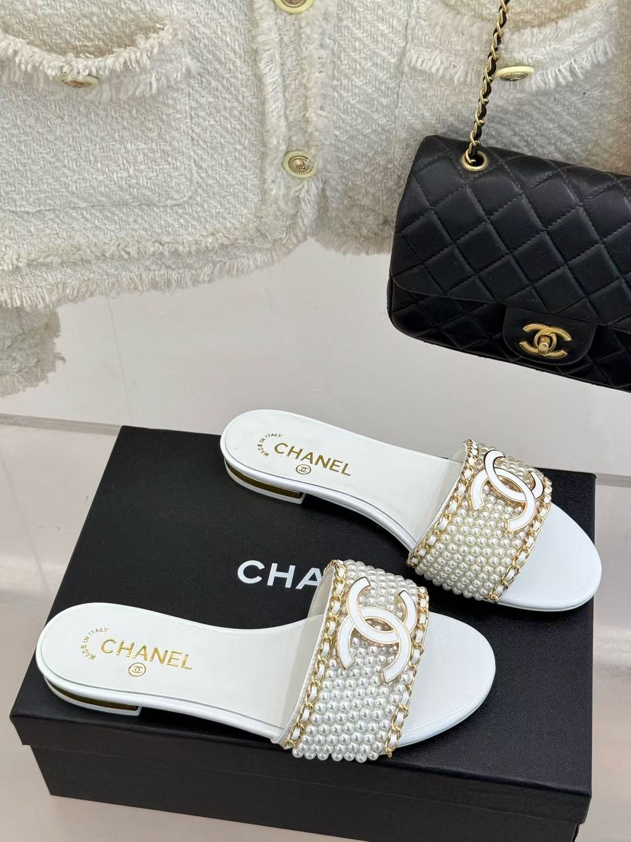 CHANE1 ダブルCチェーンパールフラットスリッパ【50％割引+送料無料】