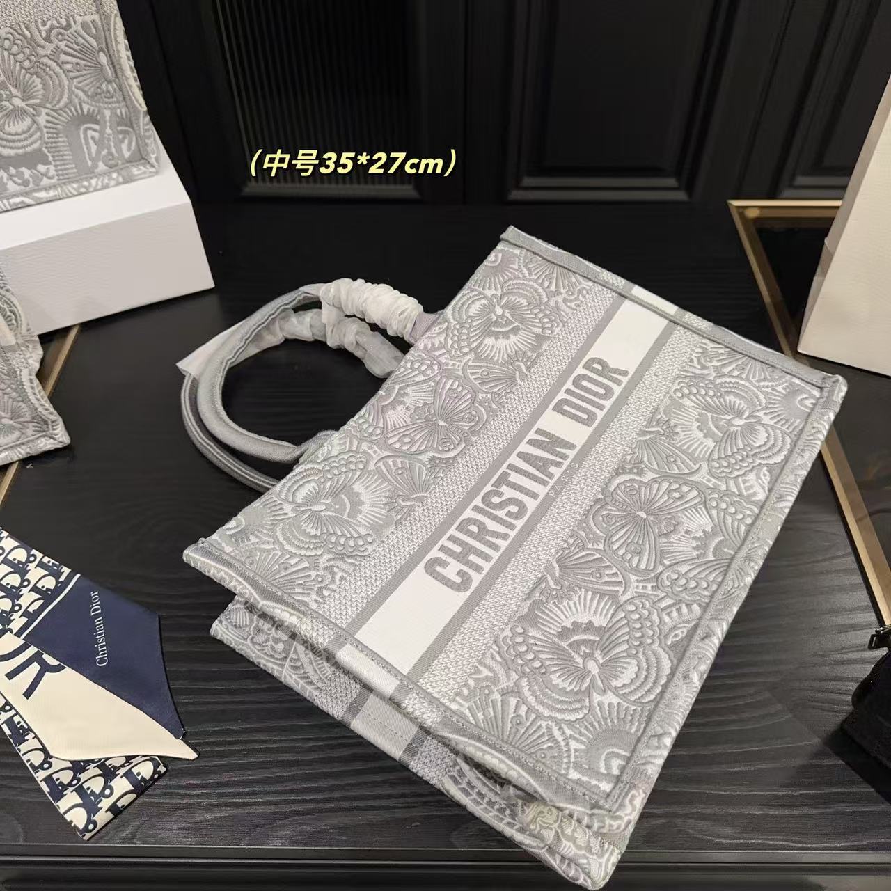 DI0R 刺繍入りグレーショッピングバッグ【50%割引+送料無料】