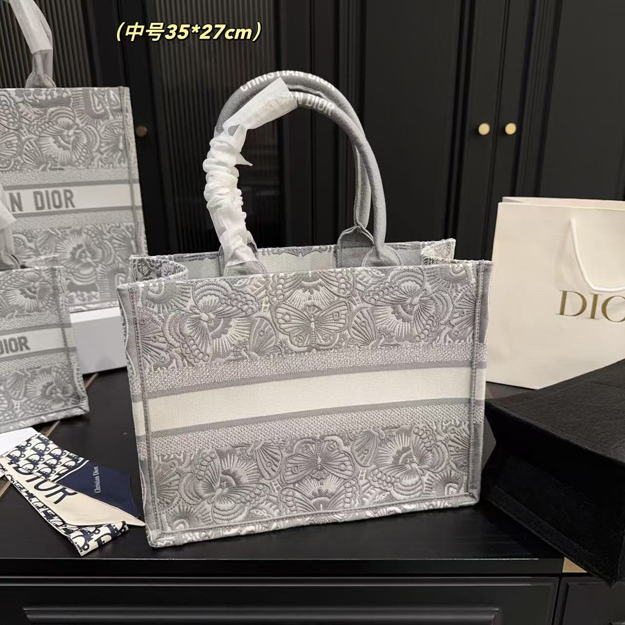 DI0R 刺繍入りグレーショッピングバッグ【50%割引+送料無料】