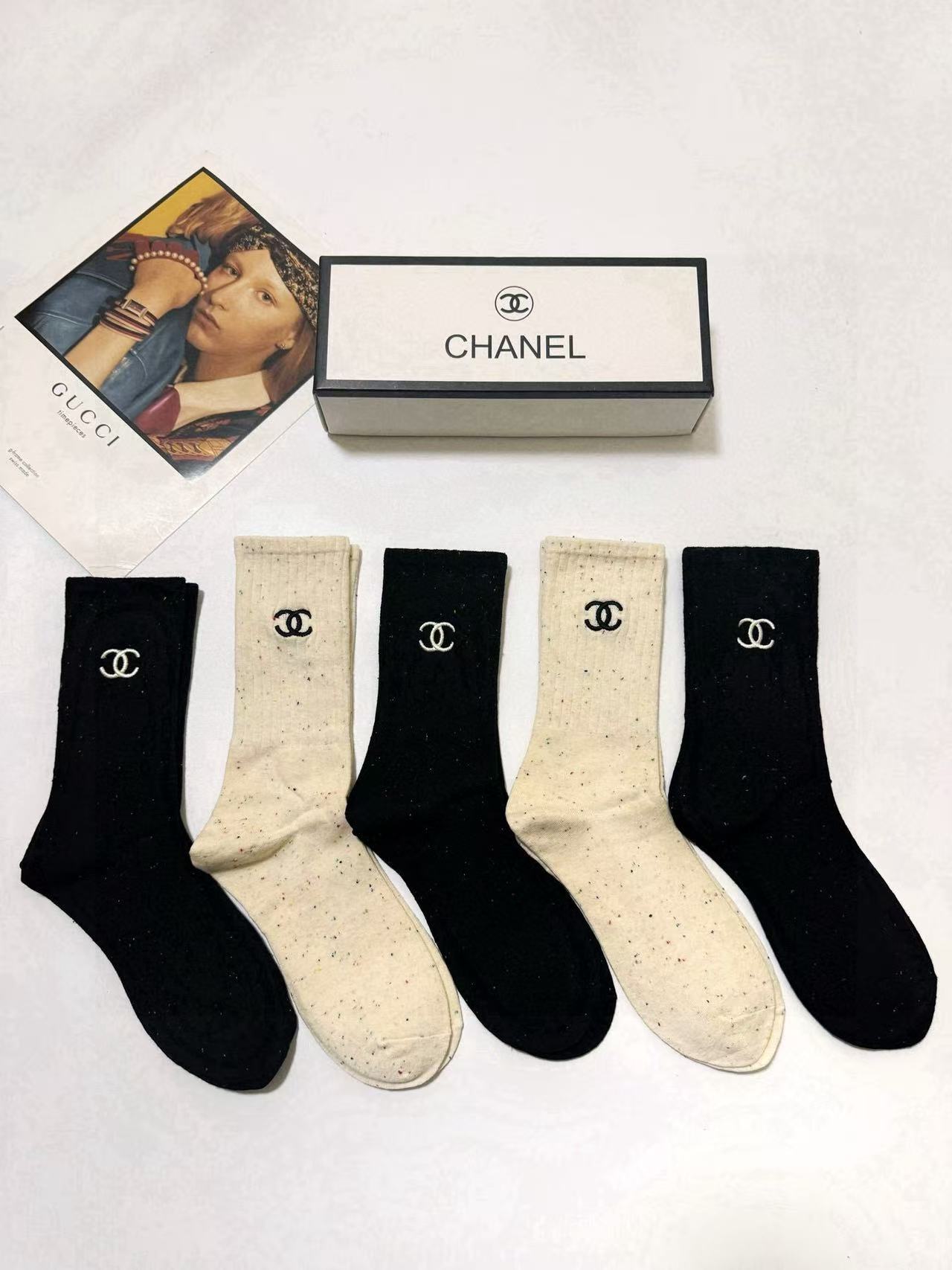 CHANE1 クラシックレター刺繍ロゴソックス5足セット【 50％割引+送料無料】
