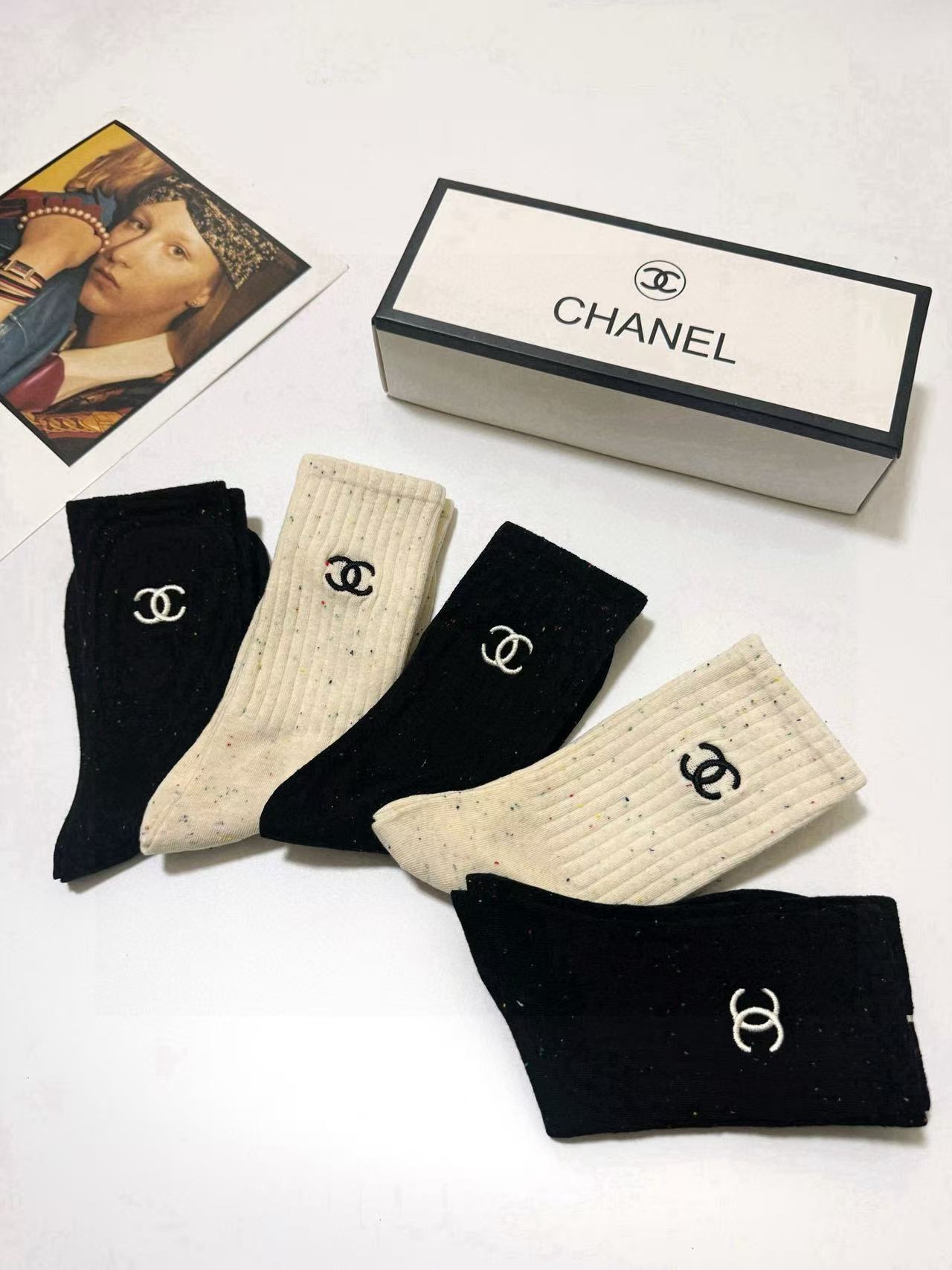 CHANE1 クラシックレター刺繍ロゴソックス5足セット【 50%割引+送料無料】
