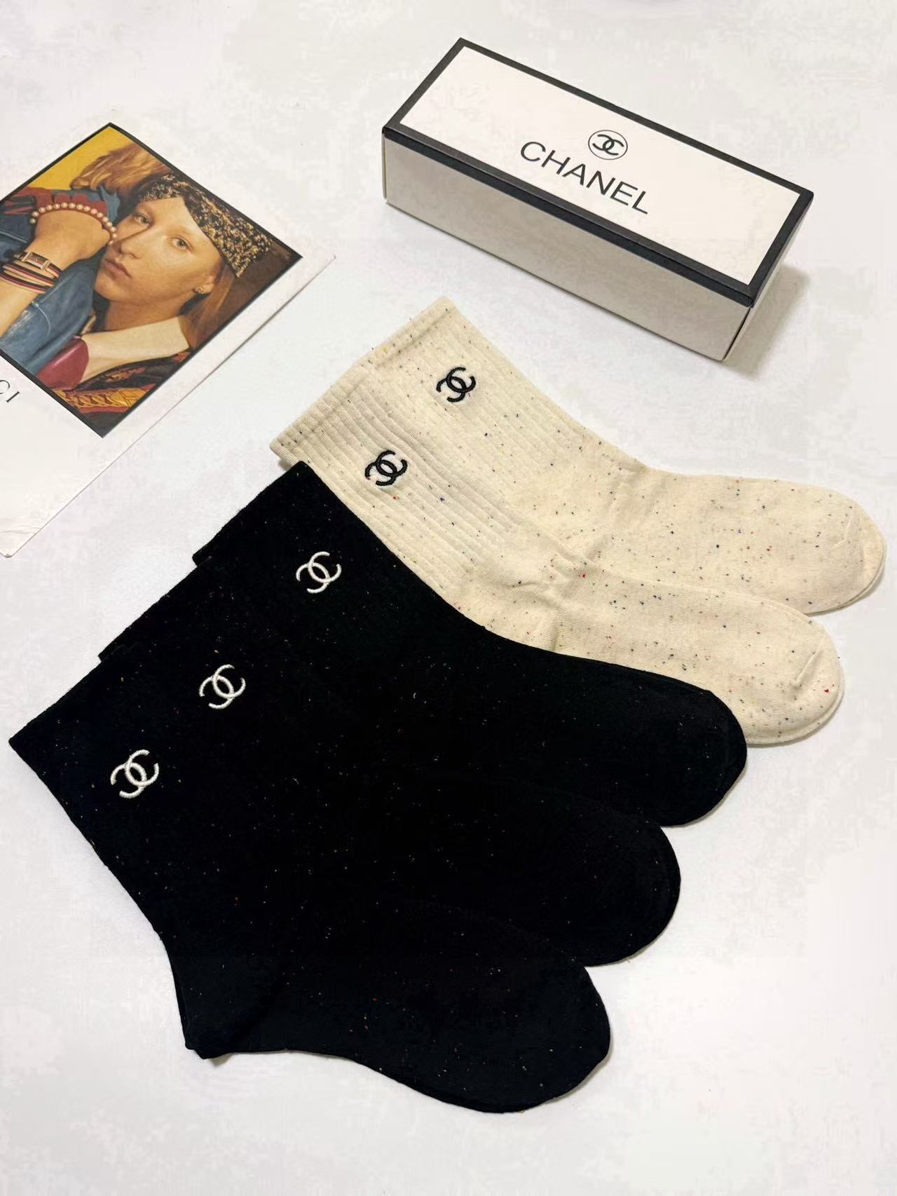 CHANE1 クラシックレター刺繍ロゴソックス5足セット【 50%割引+送料無料】