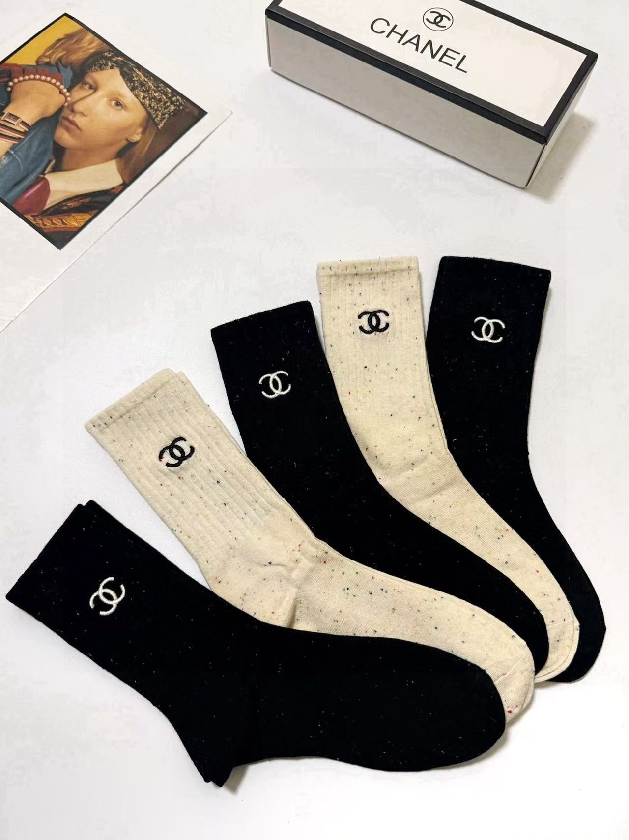 CHANE1 クラシックレター刺繍ロゴソックス5足セット【 50%割引+送料無料】