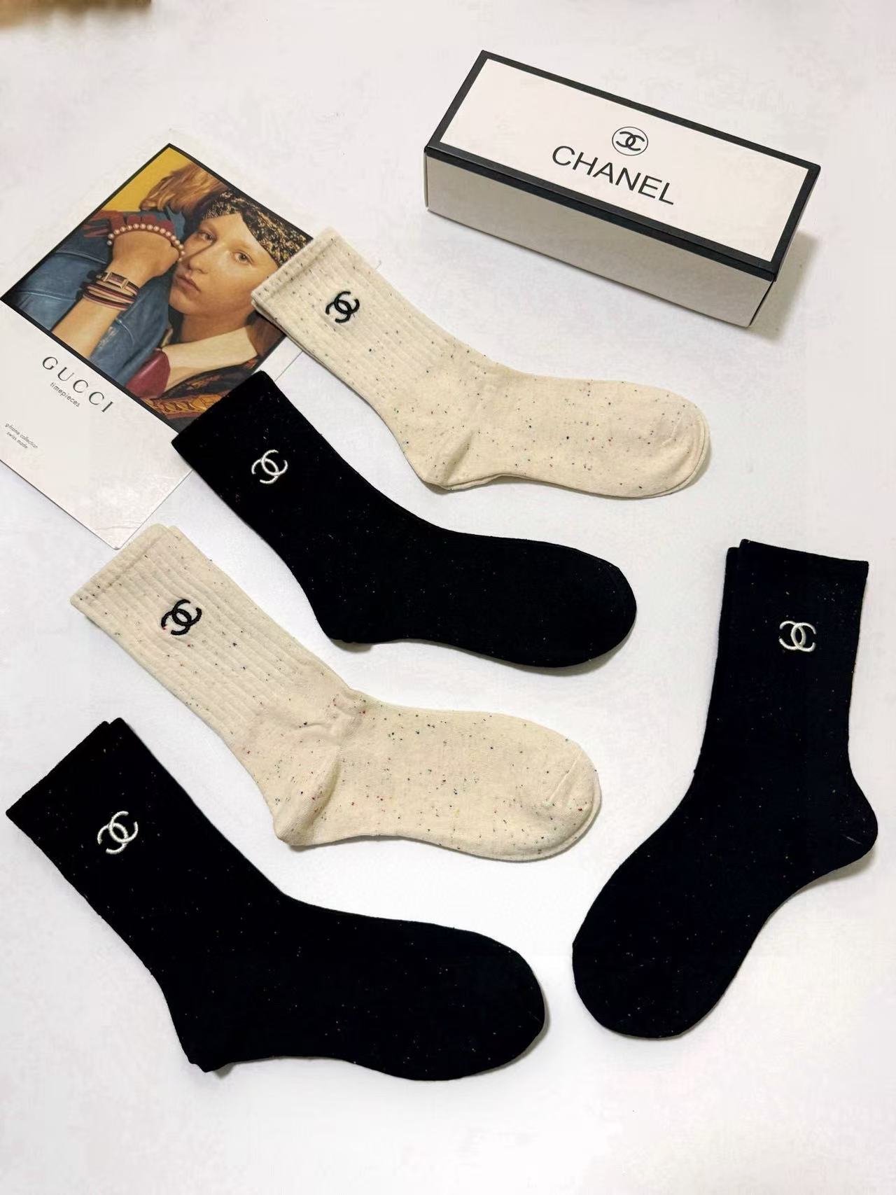 CHANE1 クラシックレター刺繍ロゴソックス5足セット【 50%割引+送料無料】