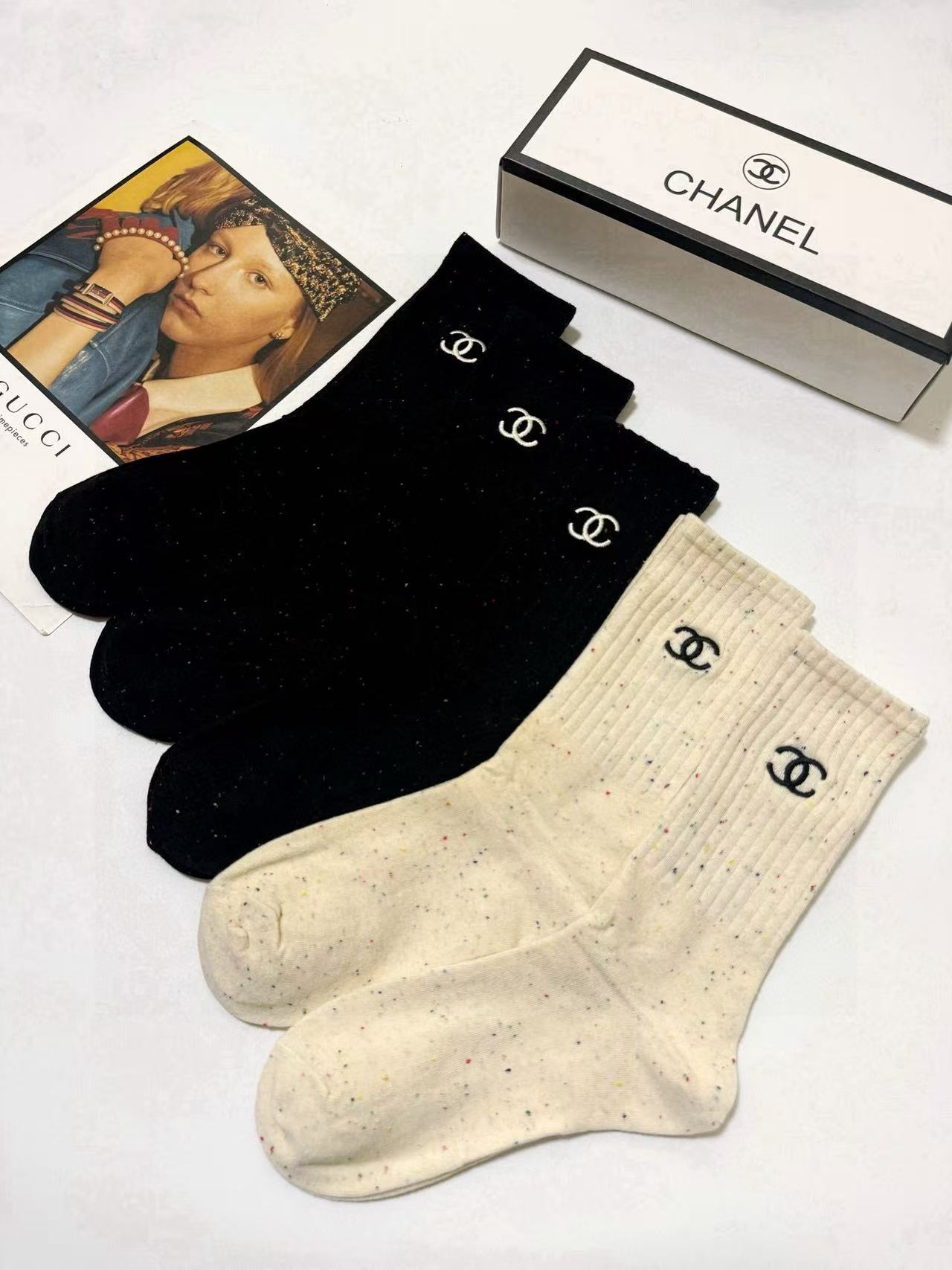 CHANE1 クラシックレター刺繍ロゴソックス5足セット【 50%割引+送料無料】