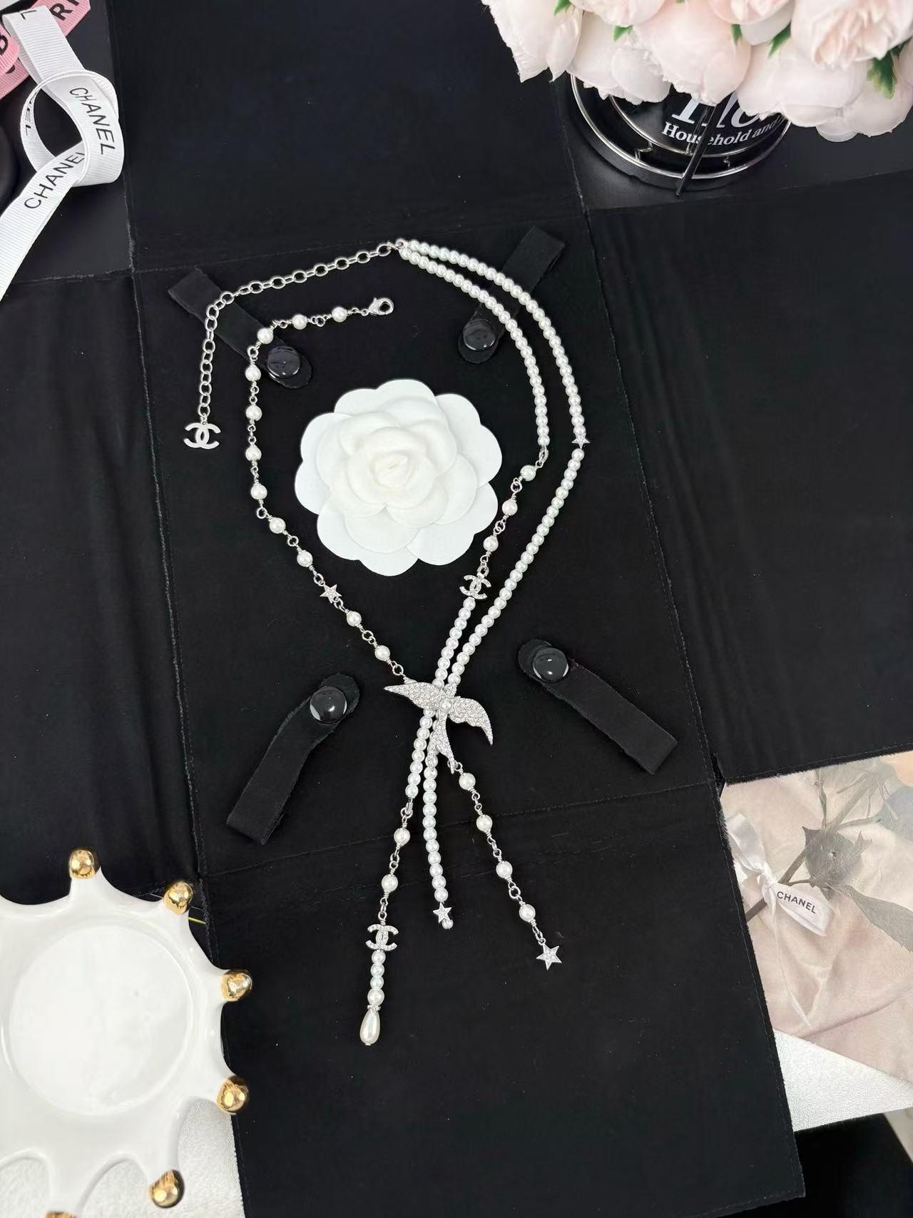 CHANE1 ダブルパール ダブルC バード ロングネックレス【 50%割引+送料無料】