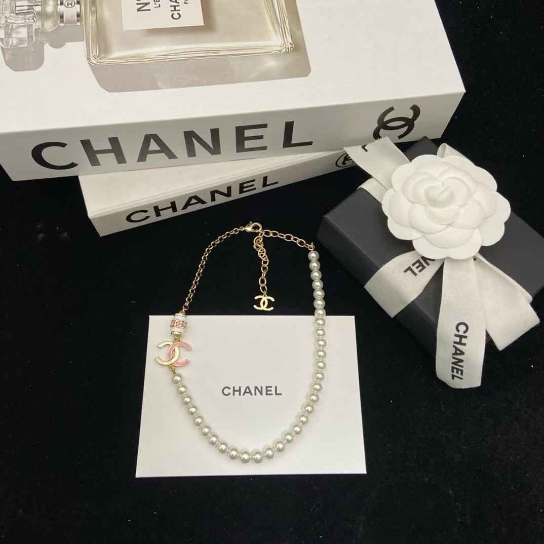 CHANE1 ピンクエナメルダブルCパールネックレス【 50％割引+送料無料】