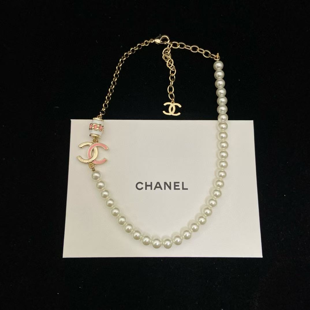 CHANE1 ピンクエナメルダブルCパールネックレス【 50%割引+送料無料】