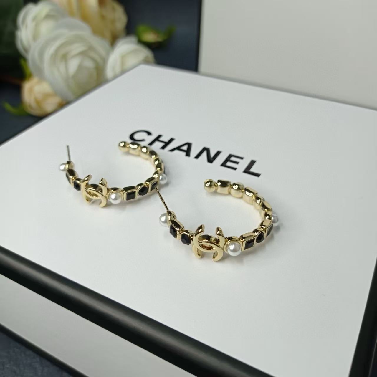 CHANE1 ブラック スクエア ダイヤモンド パール イヤリング【50%割引+送料無料】