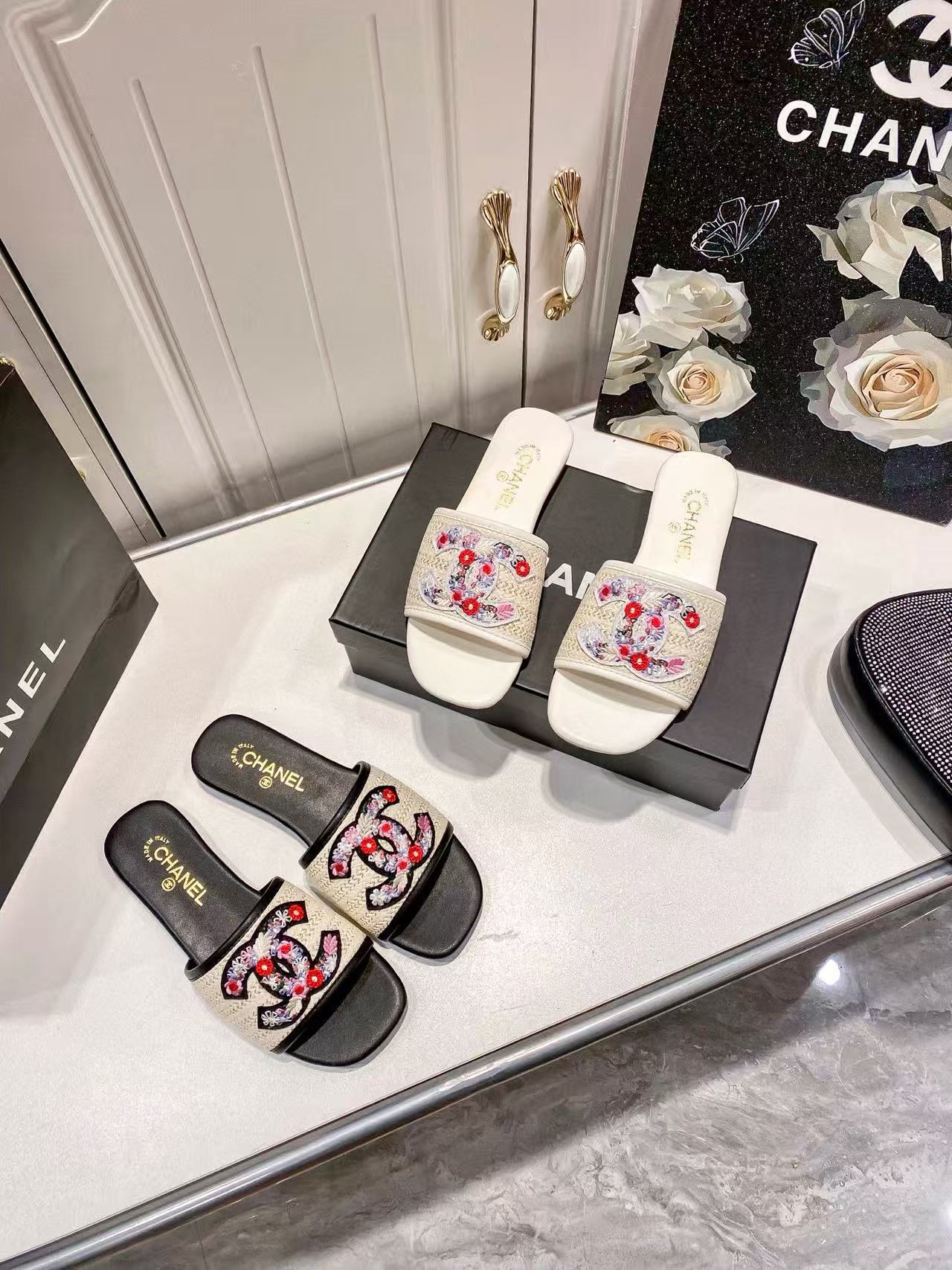 CHANE1 刺繍フラワーダブルCスリッパ【50％割引+送料無料】
