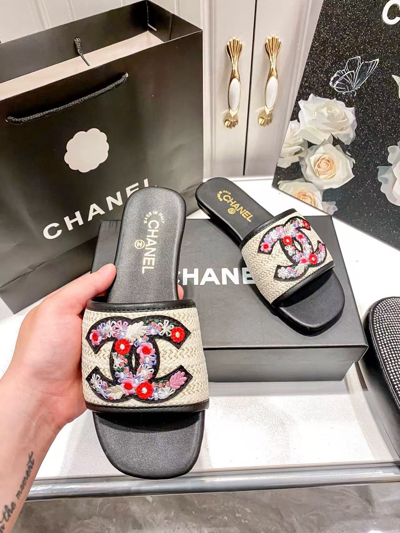 CHANE1 刺繍フラワーダブルCスリッパ【50%割引+送料無料】