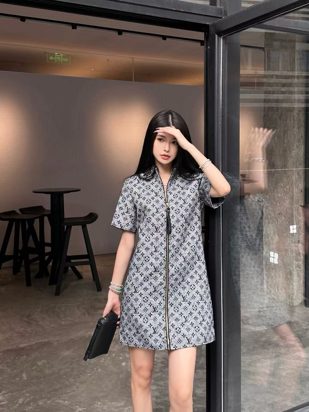 LVラペルジッパープリントドレス【50％割引+送料無料】