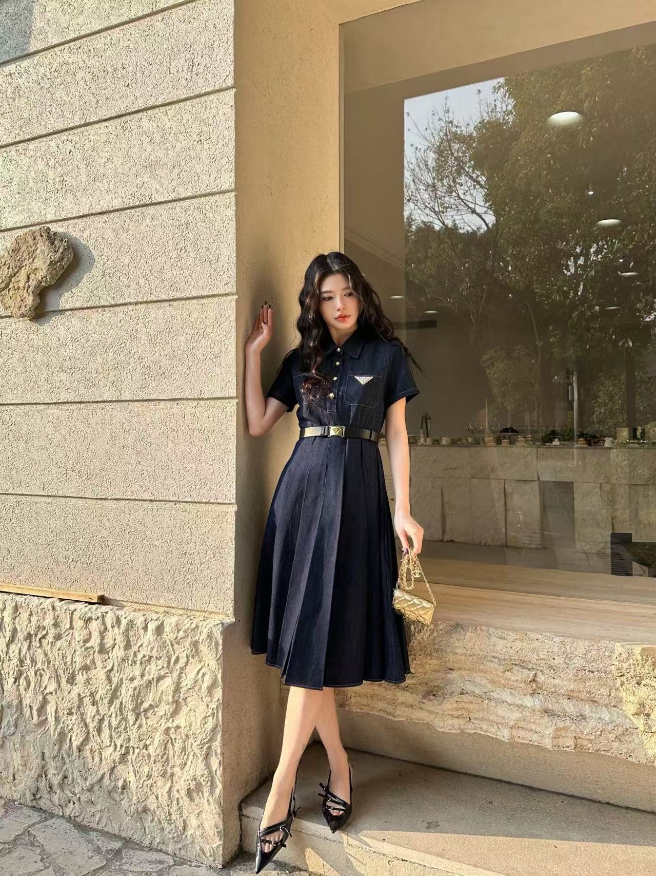 PR4DA 高品質 三角形ロゴ ベルト付きドレス【50％割引+送料無料】