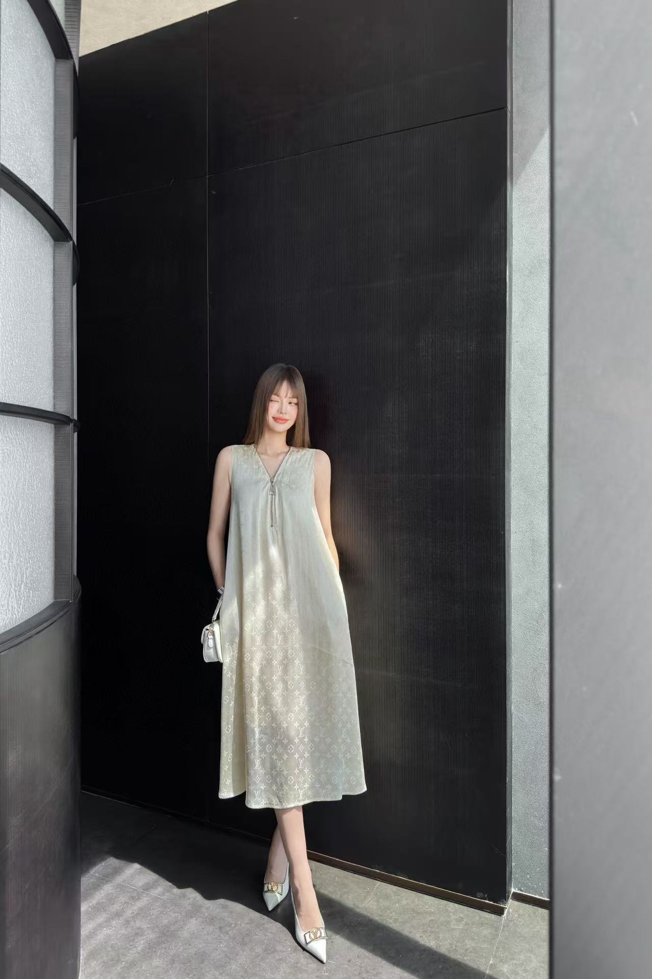 LVジャカードジッパーVネックドレス【50％割引+送料無料】