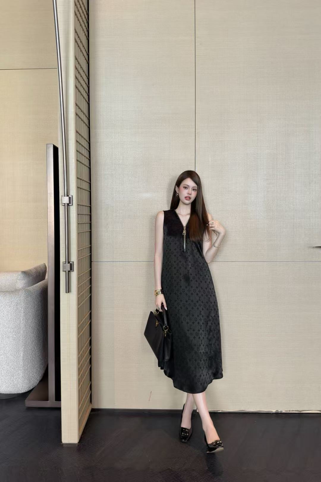 LVジャカードジッパーVネックドレス【50％割引+送料無料】