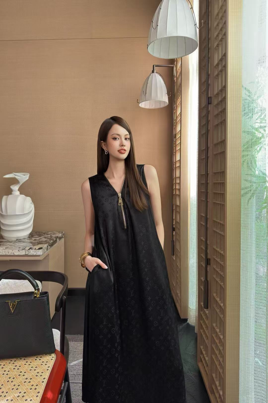 LVジャカードジッパーVネックドレス【50％割引+送料無料】