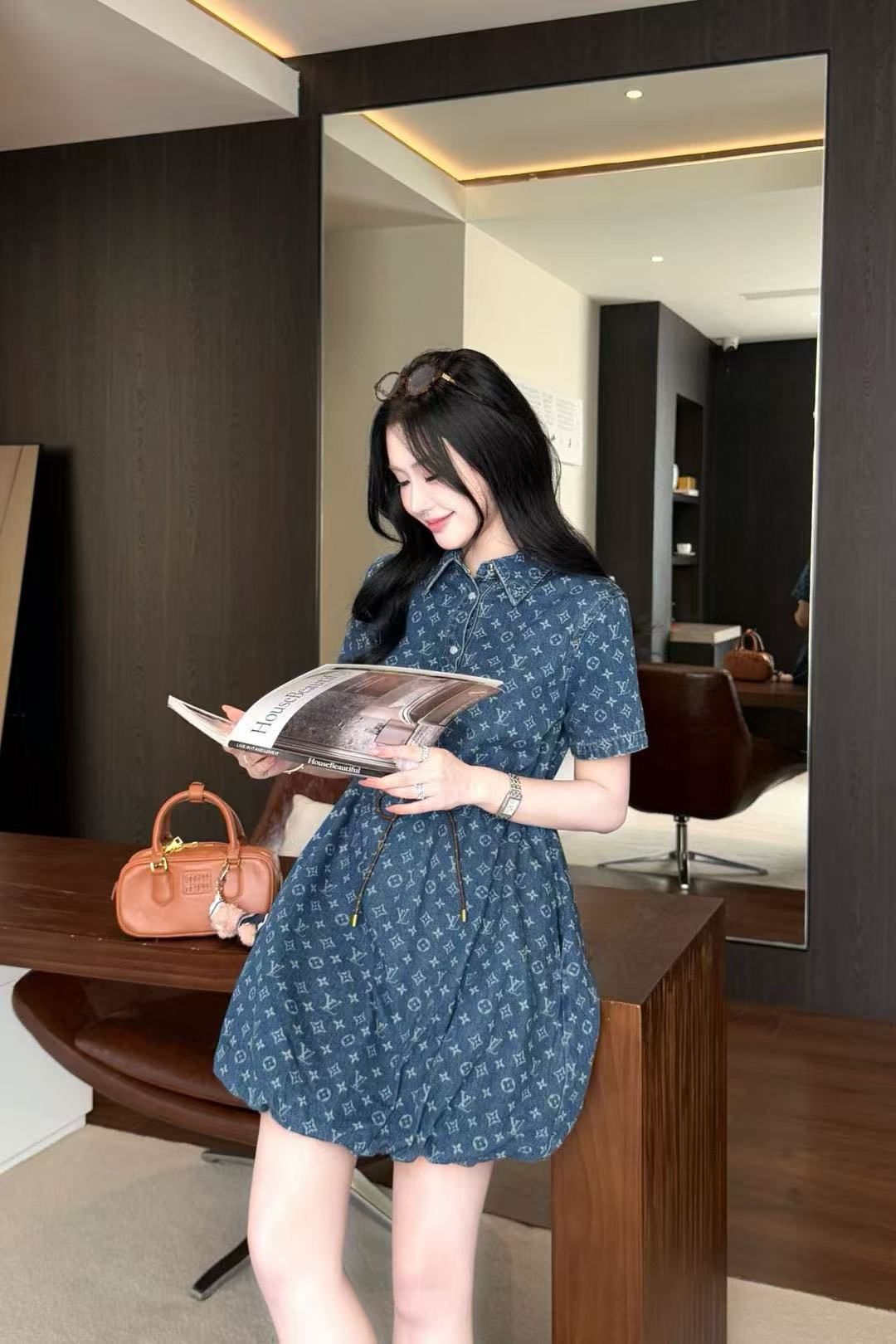 LVラペルプリントデニムドレス【50％割引+送料無料】